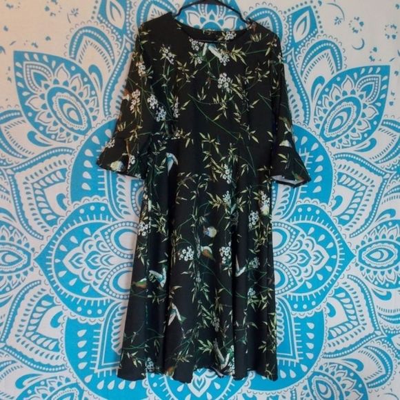 Hummingbird 3/4 Flounce Sleeve Floral Pinup Retro - Picture 2 of 3